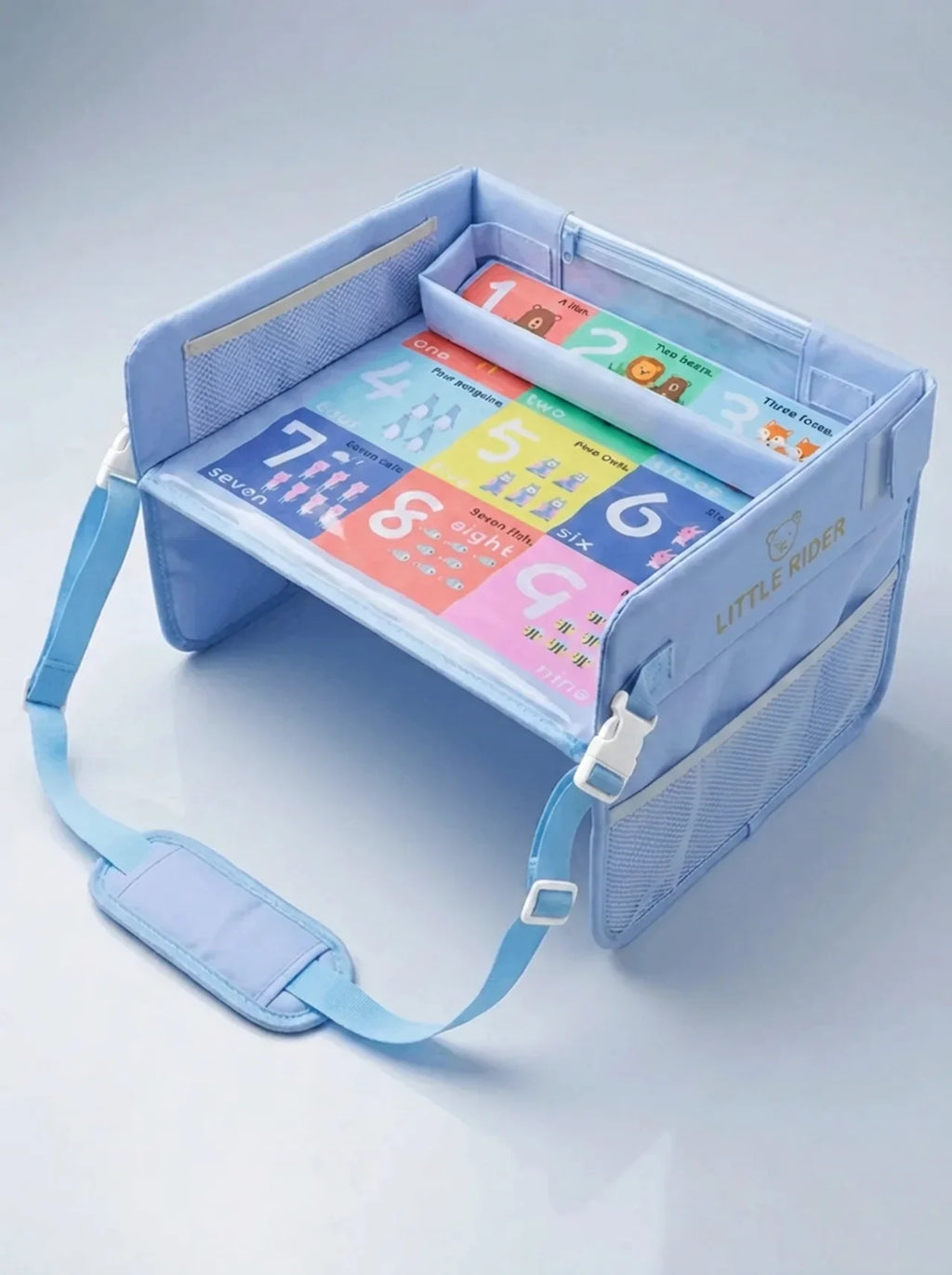 Blue Little Rider Travel Tray product shot showing the snack bin, cup holder and mesh pockets