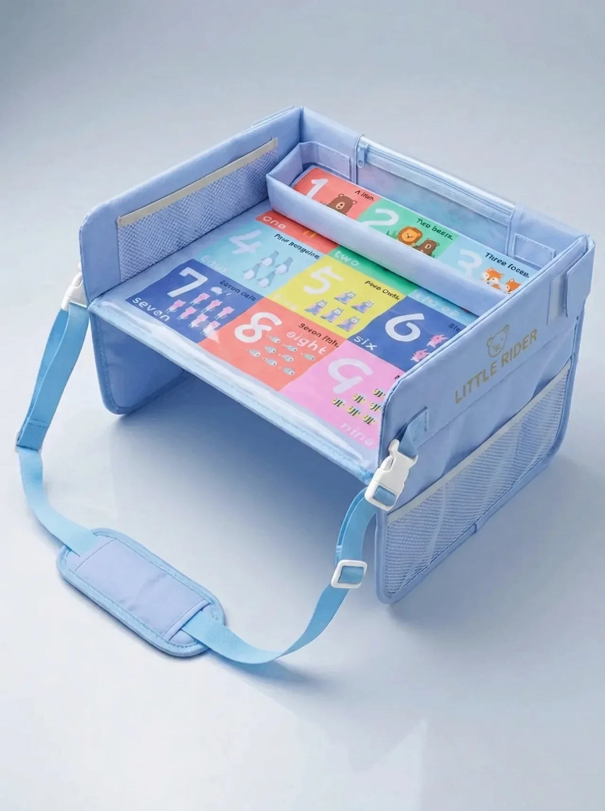 Blue Little Rider Travel Tray product shot showing the snack bin, cup holder and mesh pockets
