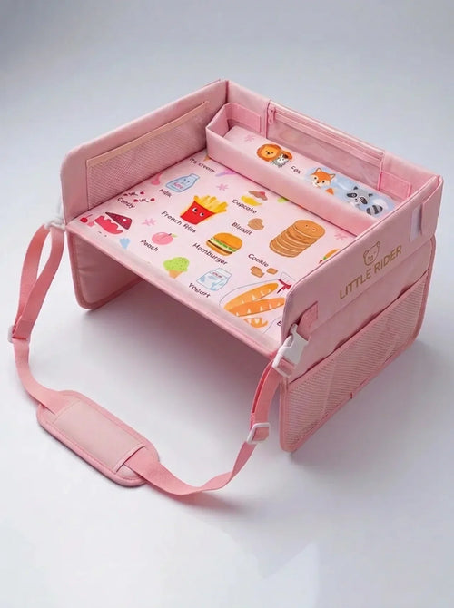Pink Little Rider Travel Tray product shot showing the snack bin, cup holder and mesh pockets